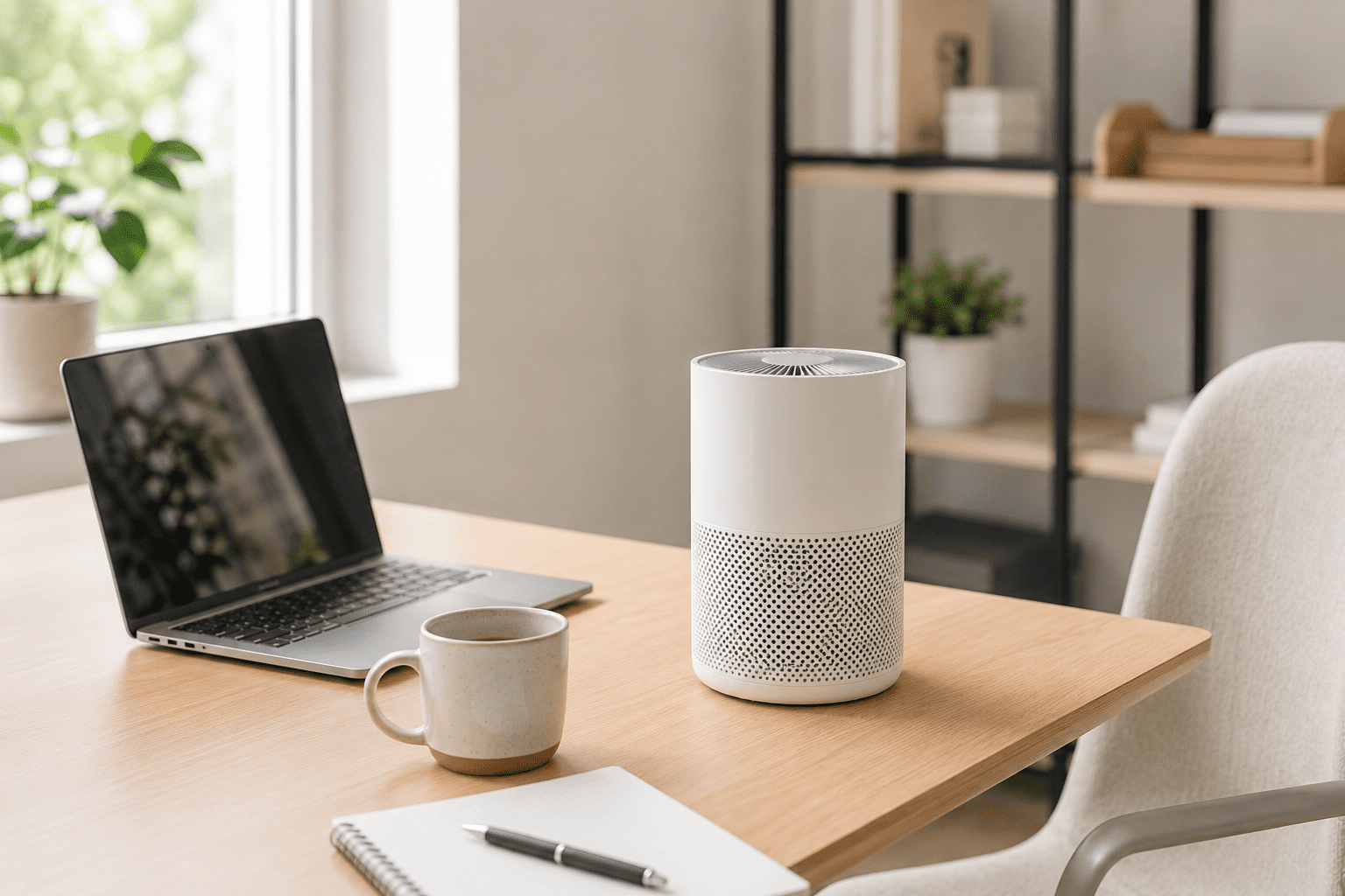 Small air purifier placed on a modern desk in a bright workspace