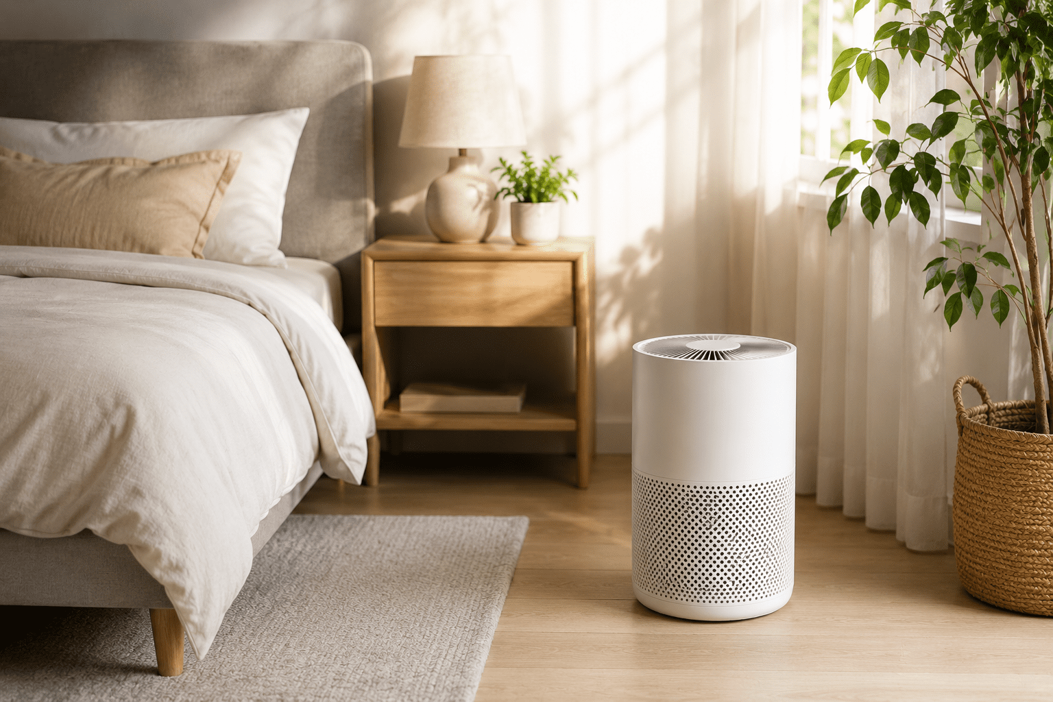 Compact Air Purifier Operating Beside Bed in Modern Bedroom Compact air purifier operating beside a bed in a bright modern bedroom with soft sunlight through curtains and a minimalist neutral interior.