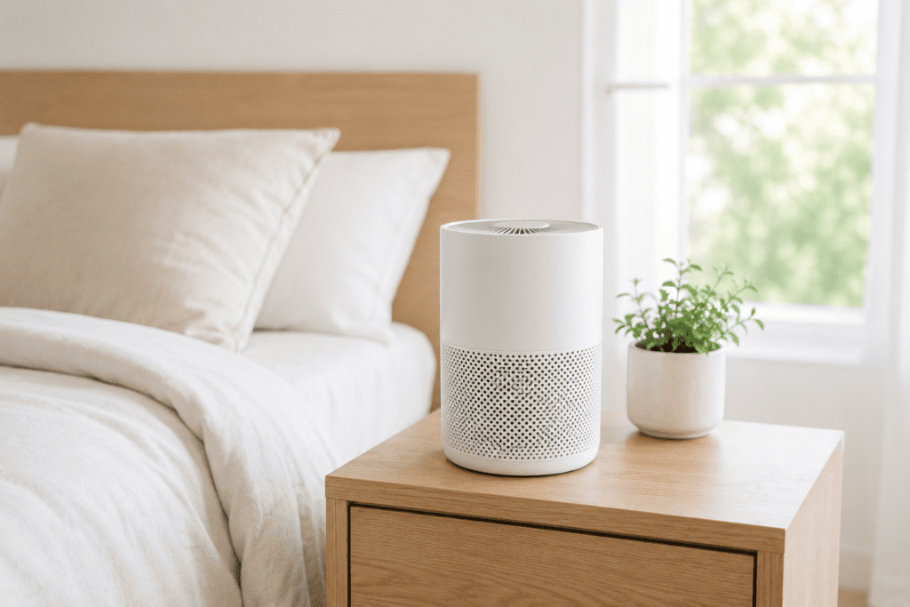 Small modern air purifier placed inside a bright minimalist bedroom