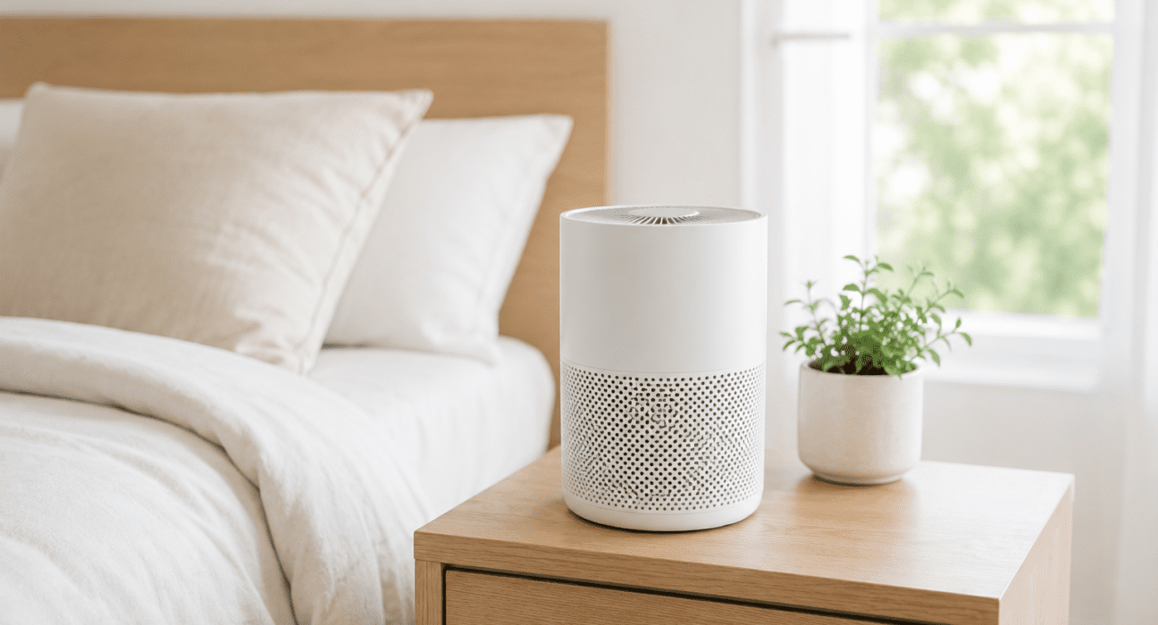 Small modern air purifier placed inside a bright minimalist bedroom