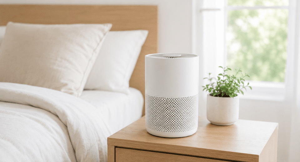 Small modern air purifier placed inside a bright minimalist bedroom