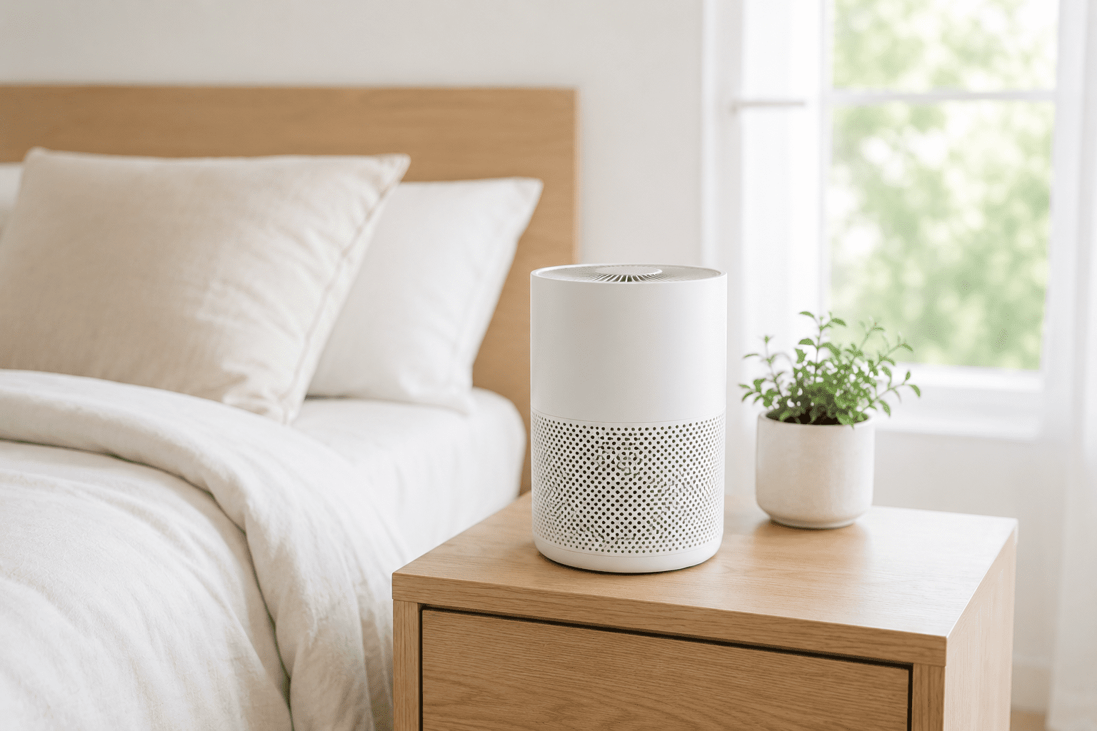 Small modern air purifier placed inside a bright minimalist bedroom