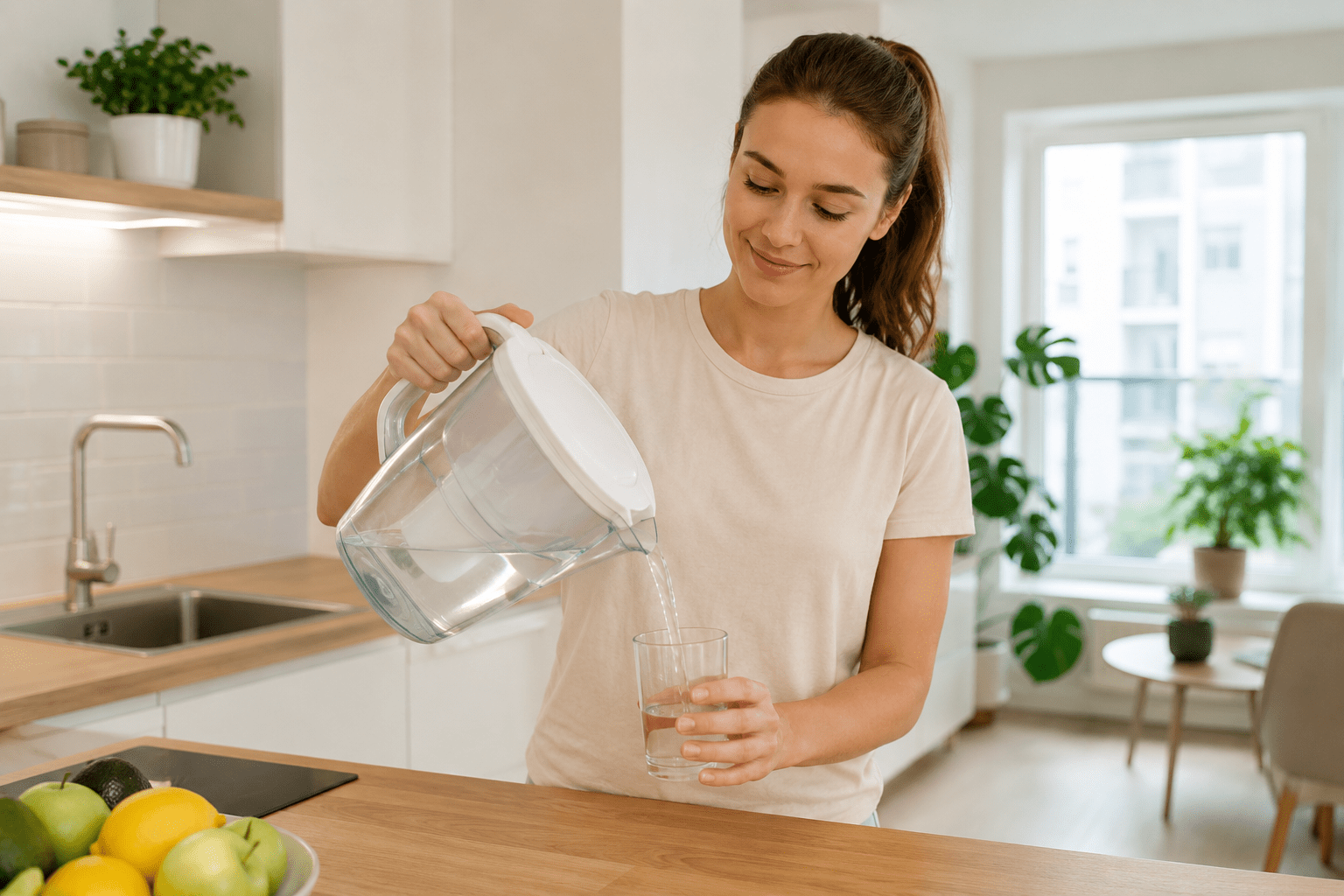 Using a Compact Water Filter Pitcher in a Small Kitchen Person pouring filtered water in a small apartment kitchen
