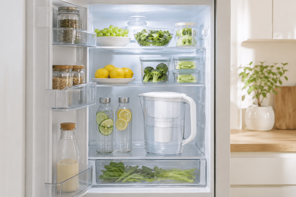Compact water filter pitcher stored neatly inside a small refrigerator