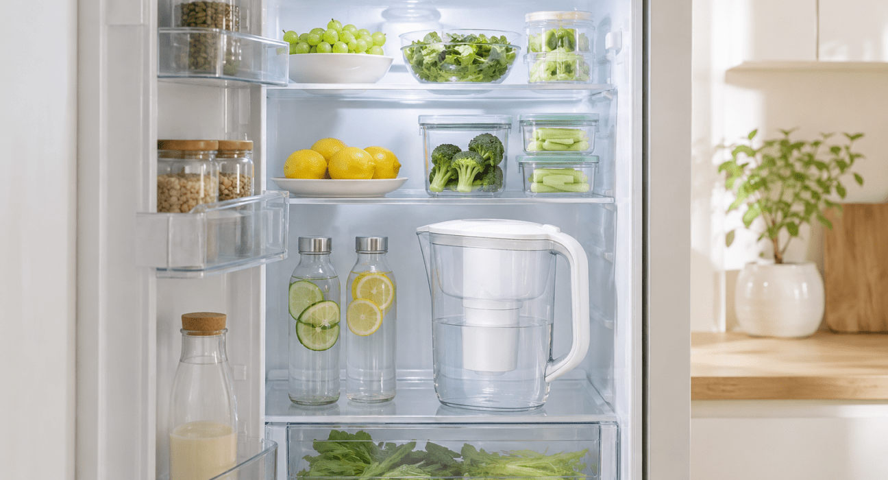 Compact water filter pitcher stored neatly inside a small refrigerator