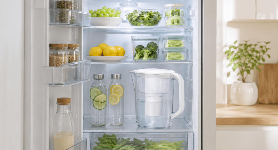 Compact water filter pitcher stored neatly inside a small refrigerator