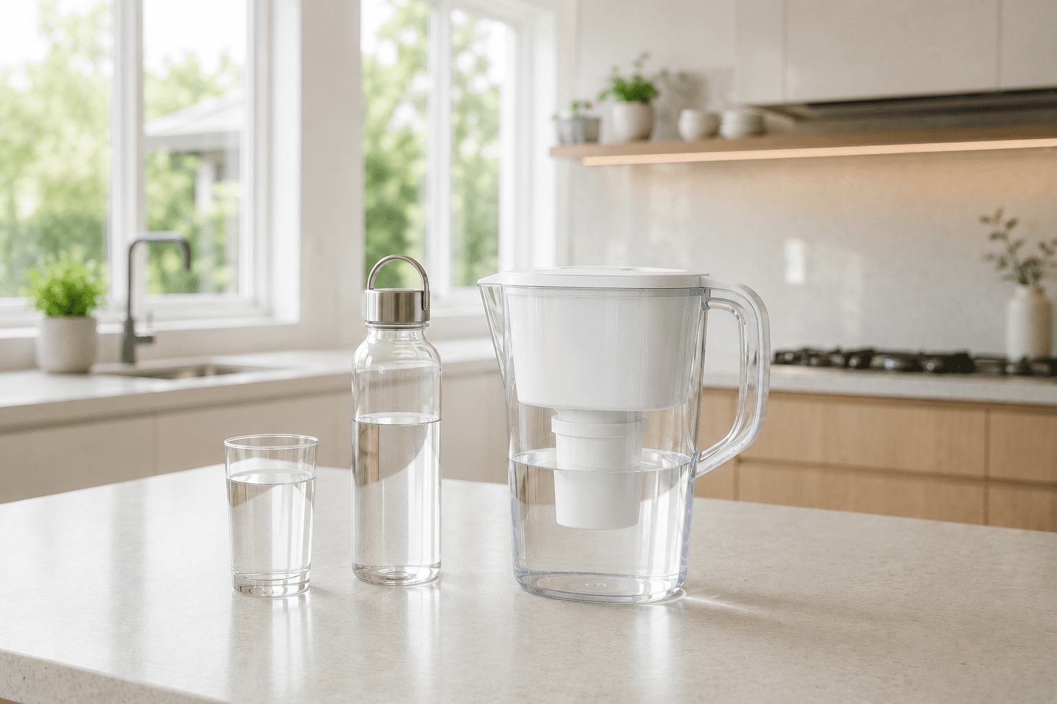 Water filter pitcher beside reusable bottle and glass in kitchen