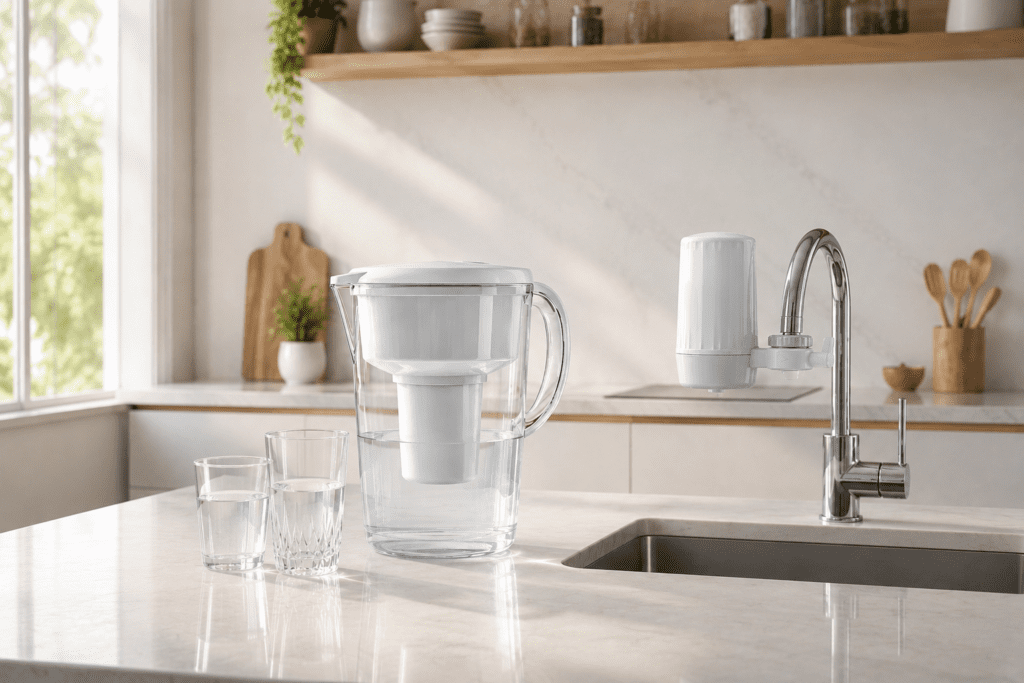 Water filter pitcher and faucet filter in modern kitchen environment