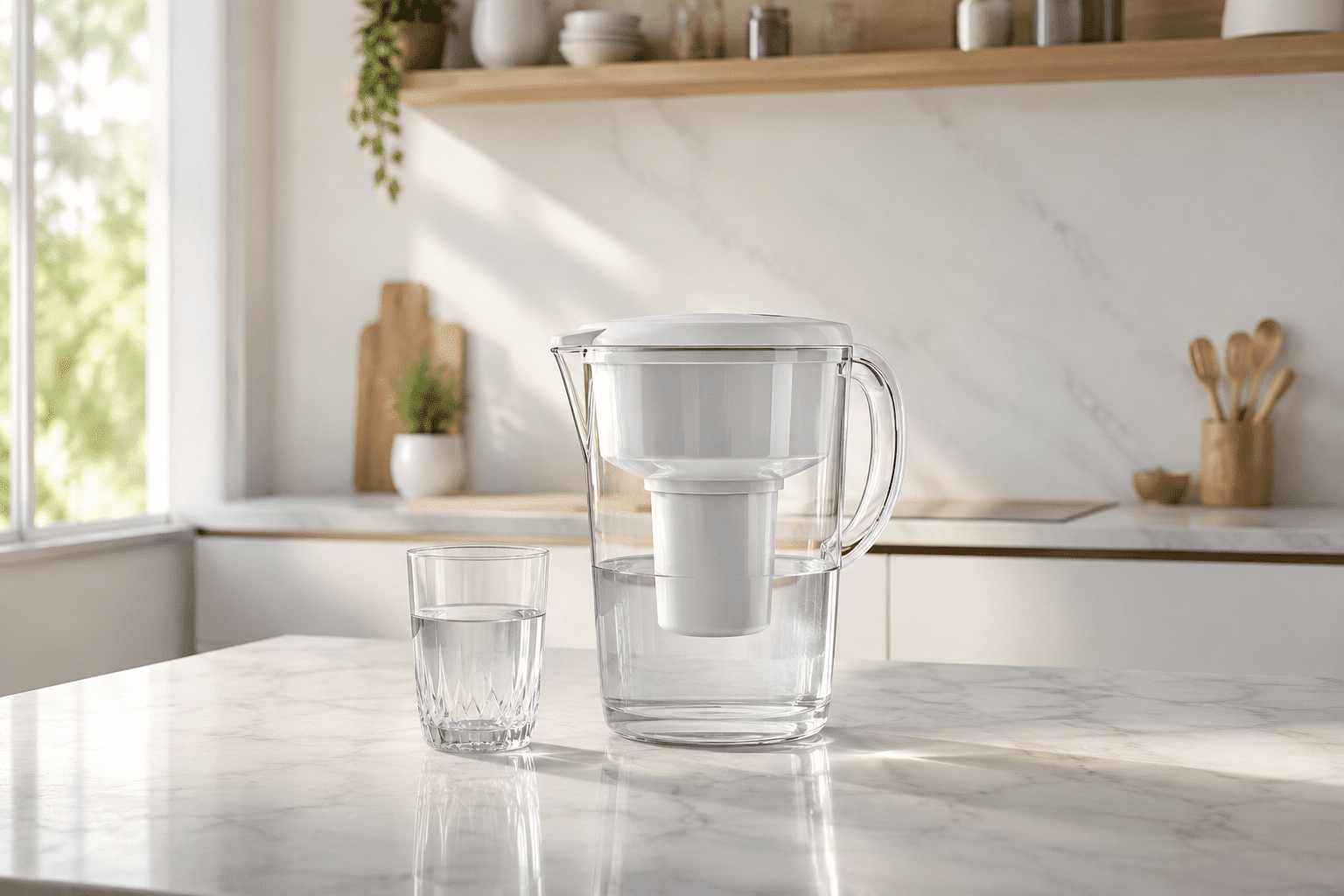 Water filter pitcher filled with fresh filtered drinking water
