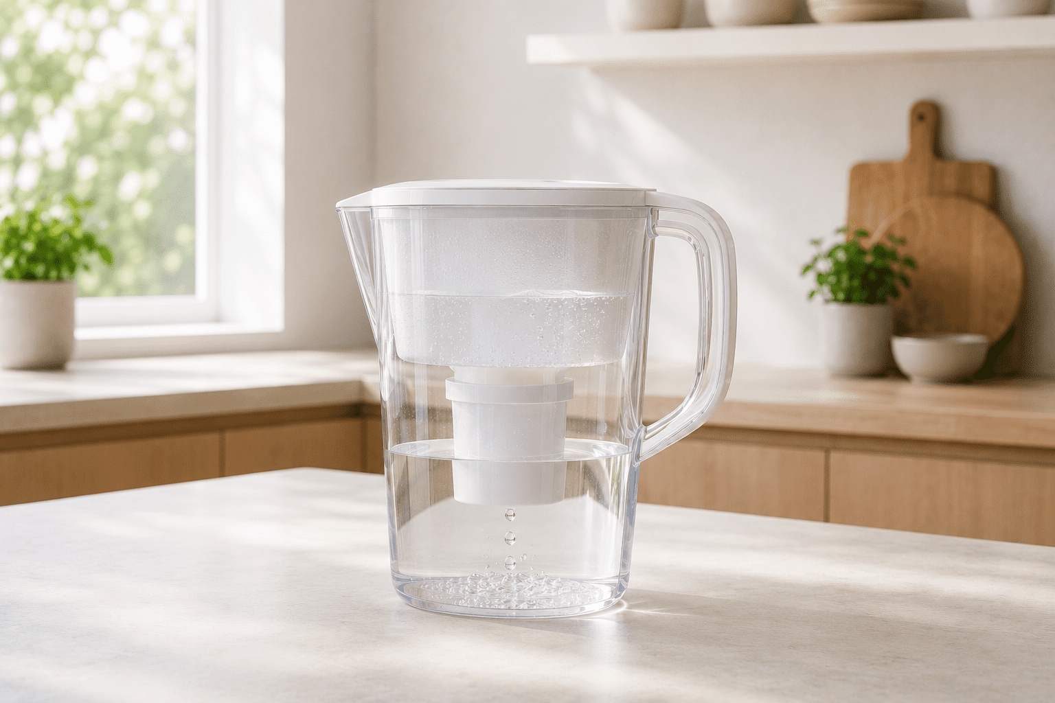 Modern water filter pitcher filtering tap water in kitchen