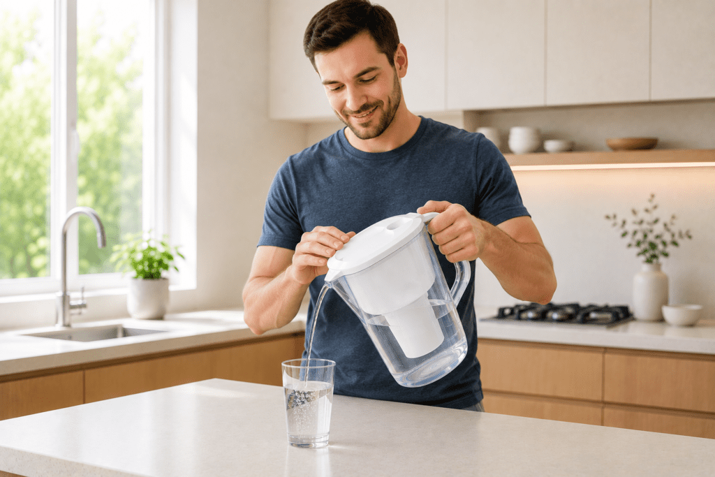 Modern water filter pitcher pouring filtered drinking water into glass