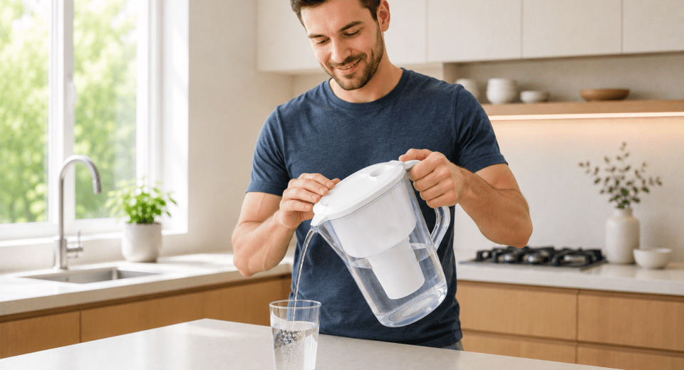 Modern water filter pitcher pouring filtered drinking water into glass