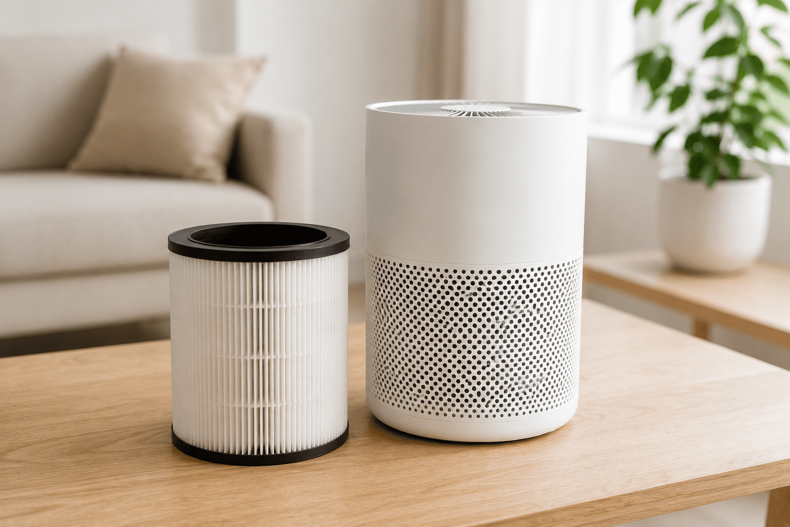 Keeping the Air Purifier Working Efficiently Between Filter Replacements Replacement HEPA air purifier filter placed beside a modern air purifier on a clean wooden table in a bright minimalist home interior.
