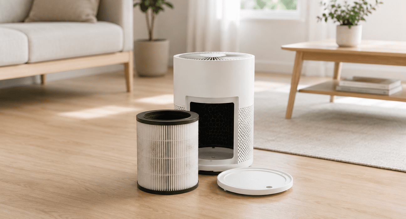 Modern HEPA air purifier filter being replaced in a bright minimalist living room with soft natural daylight.