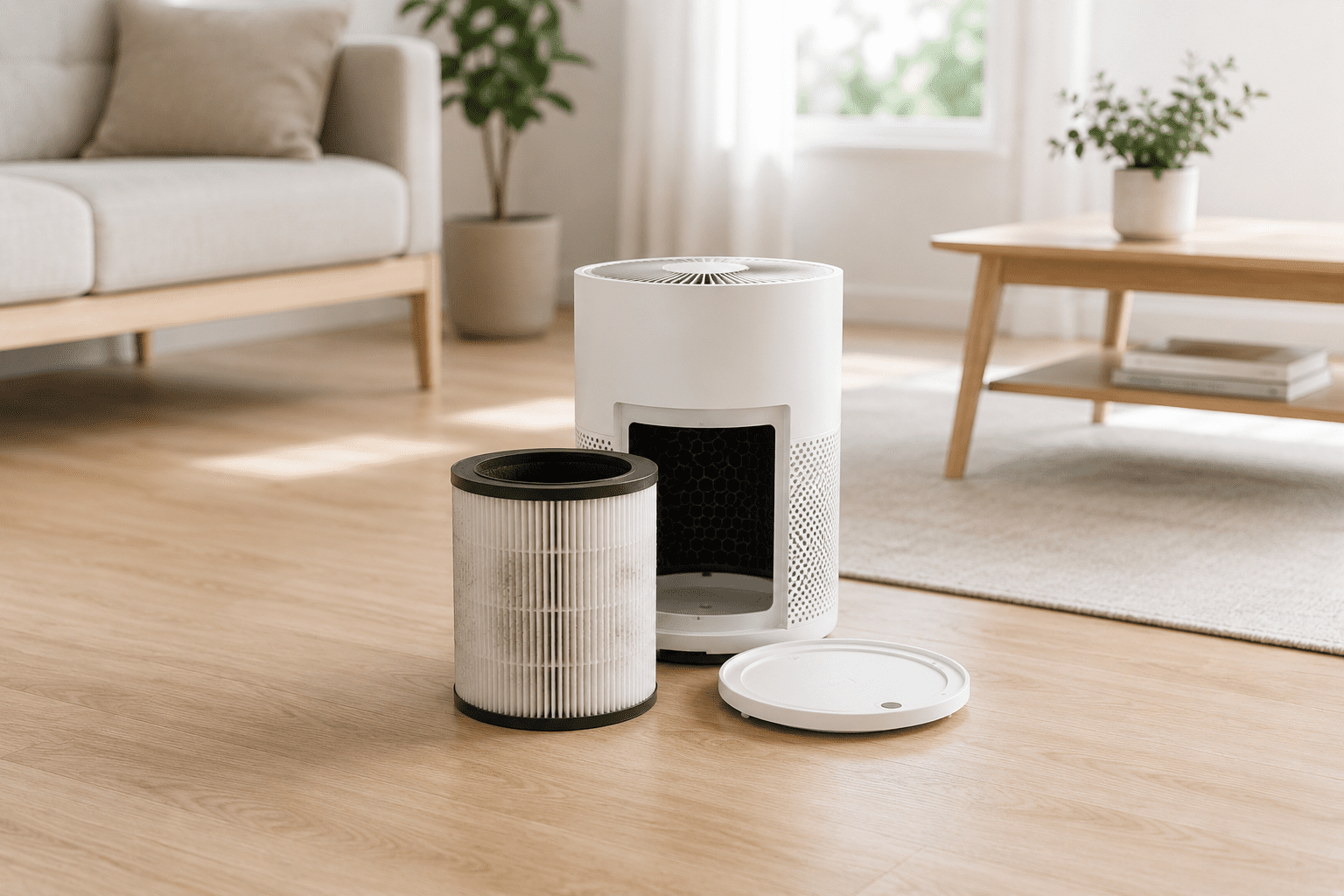 Modern HEPA air purifier filter being replaced in a bright minimalist living room with soft natural daylight.