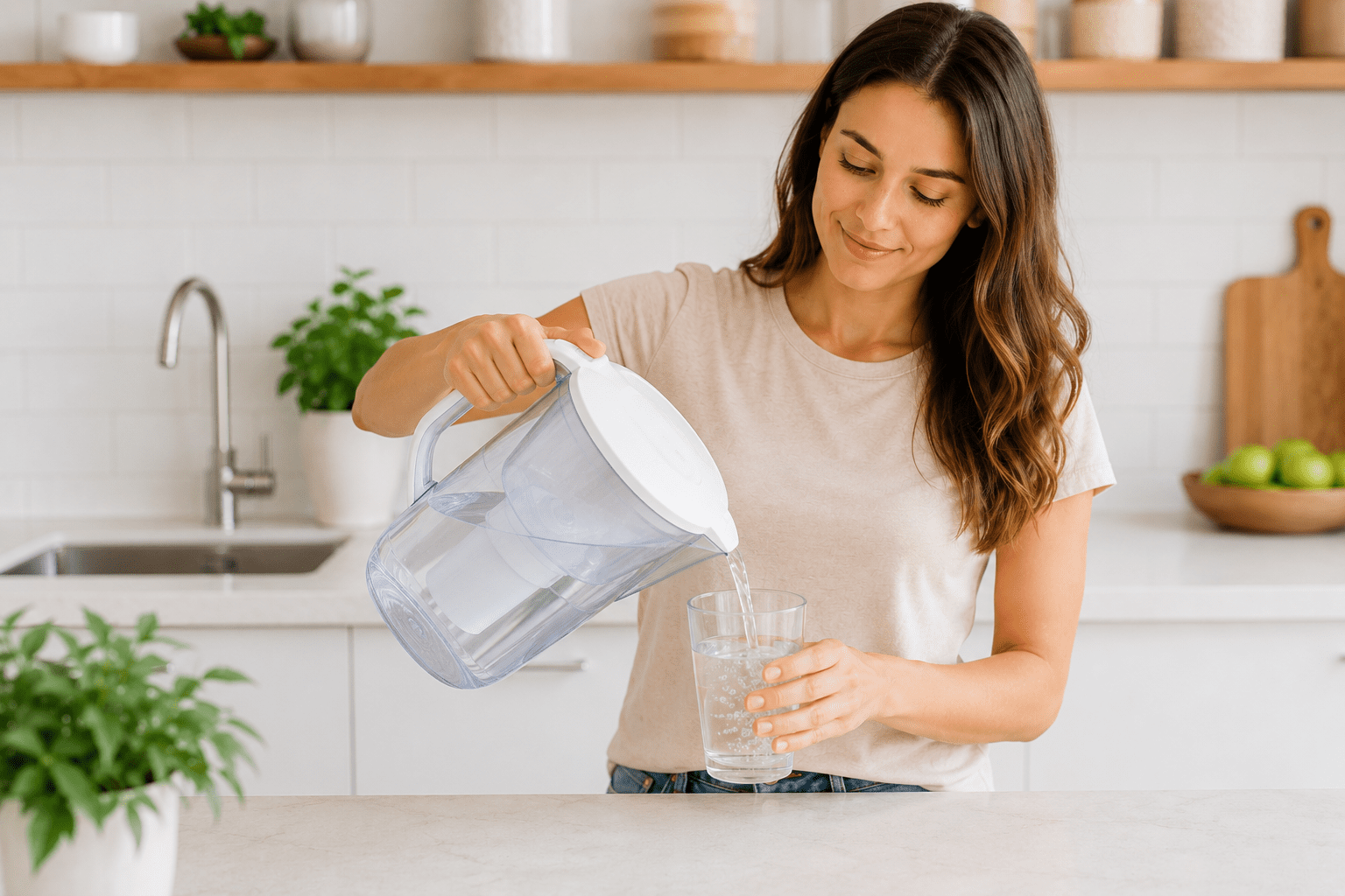 Person pouring filtered water into a drinking glass in a bright kitchen