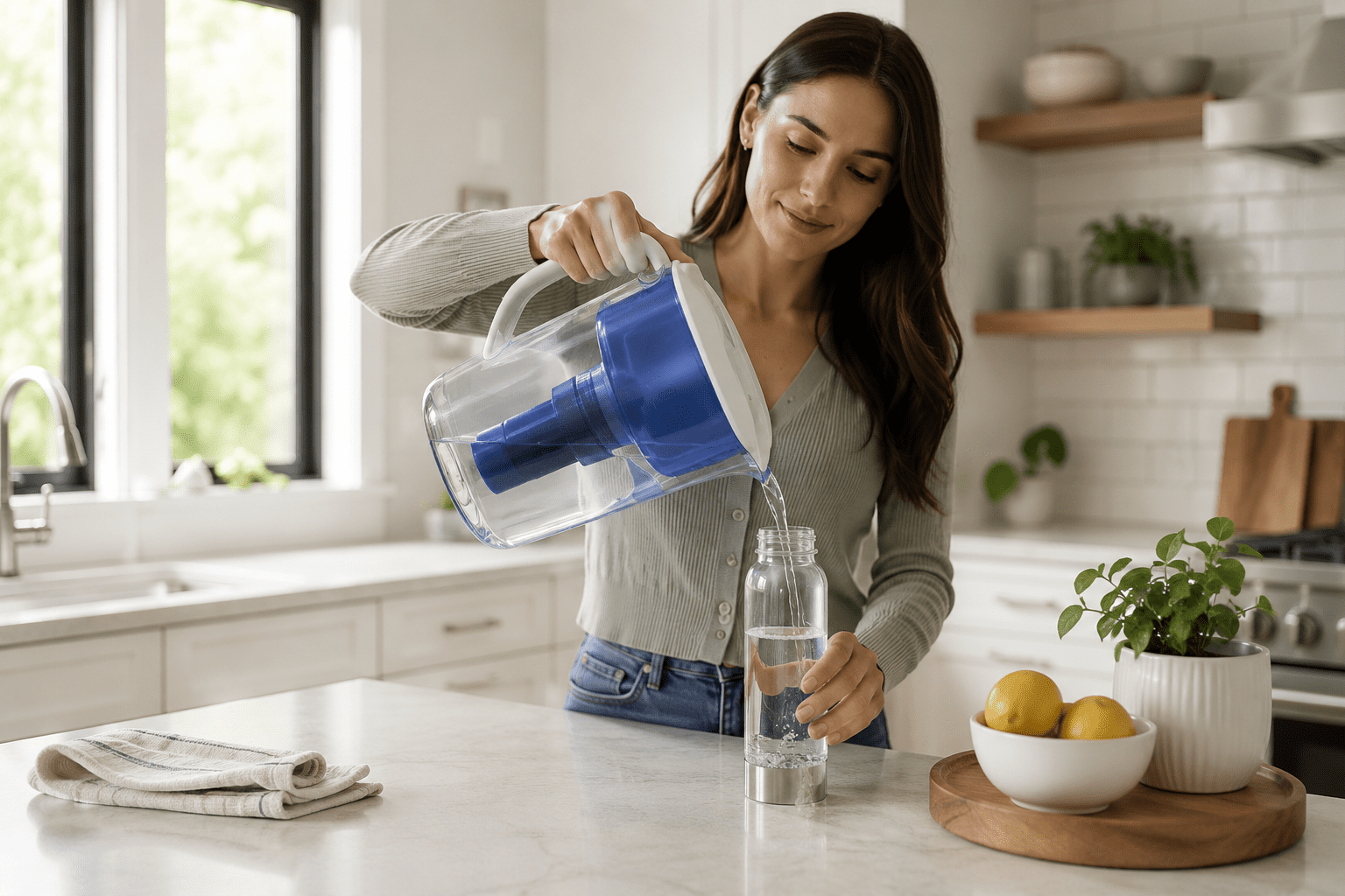 PUR Plus Water Filter Pitcher Filling a Reusable Water Bottle Person filling a reusable water bottle with filtered water from a PUR Plus water filter pitcher on a modern kitchen island with soft natural daylight.