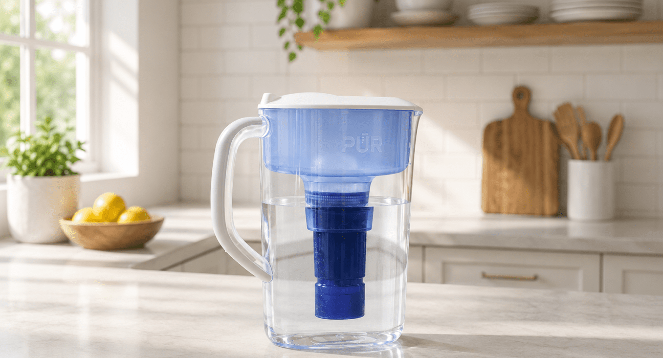 Person filling a reusable water bottle with filtered water from a PUR Plus water filter pitcher on a modern kitchen island with soft natural daylight.