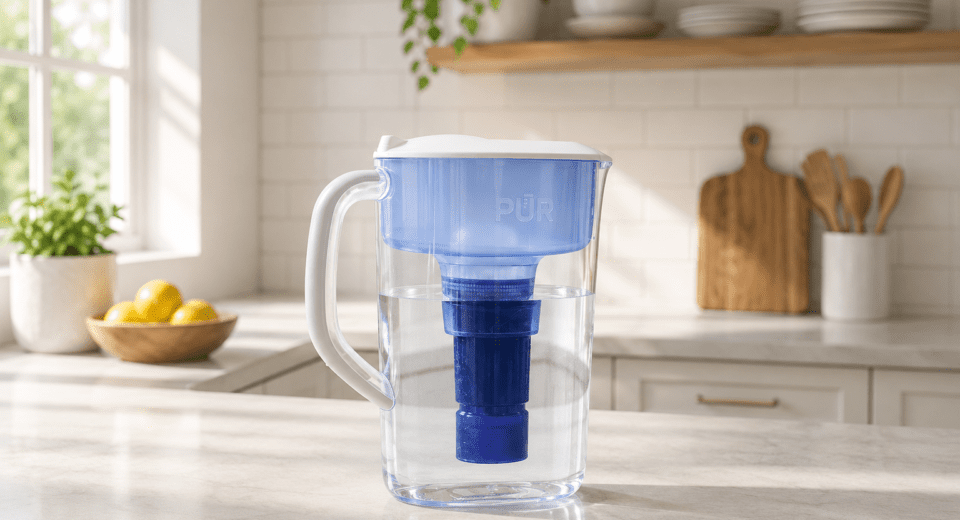 Person filling a reusable water bottle with filtered water from a PUR Plus water filter pitcher on a modern kitchen island with soft natural daylight.