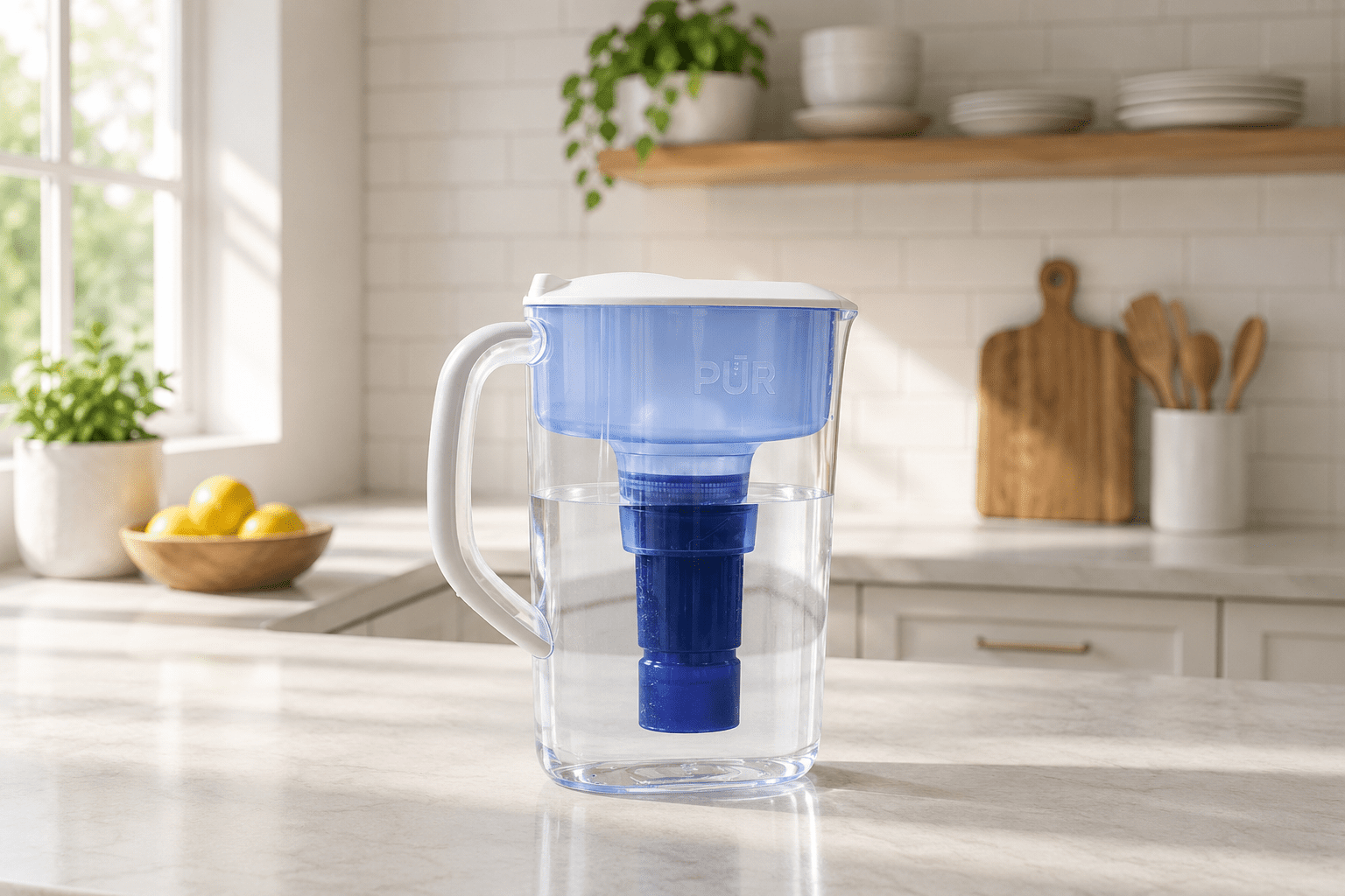 Person filling a reusable water bottle with filtered water from a PUR Plus water filter pitcher on a modern kitchen island with soft natural daylight.