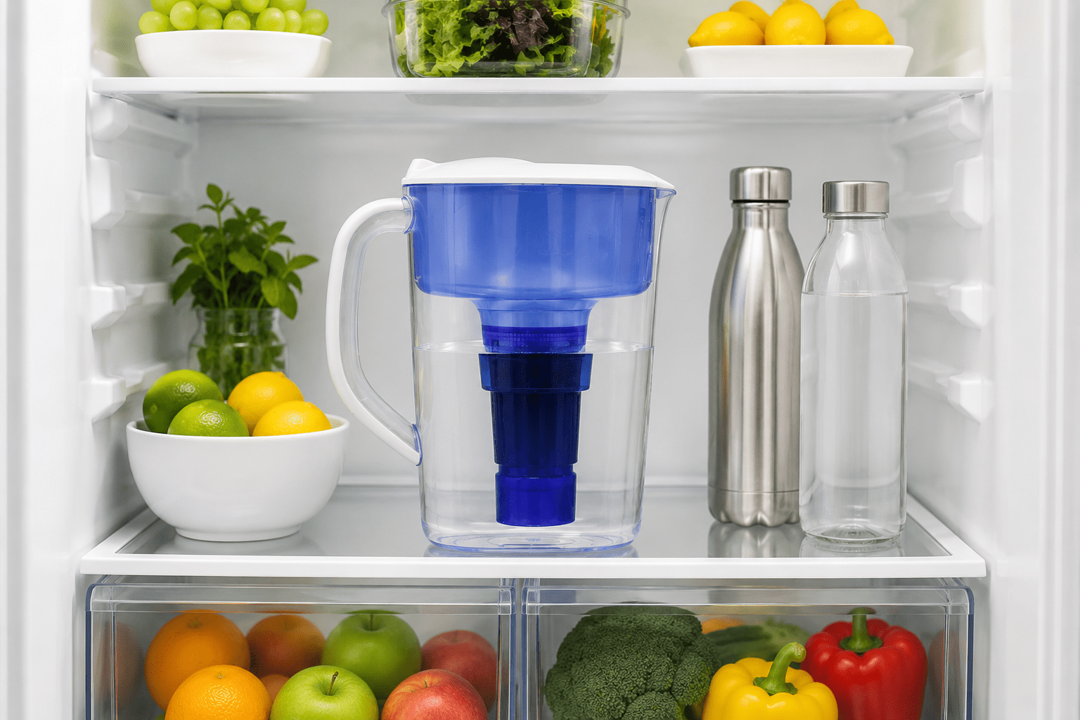 pur plus water filter pitcher refrigerator lifestyle image PUR Plus water filter pitcher stored neatly inside a clean refrigerator beside reusable bottles, lemons, and fresh produce with bright interior lighting.
