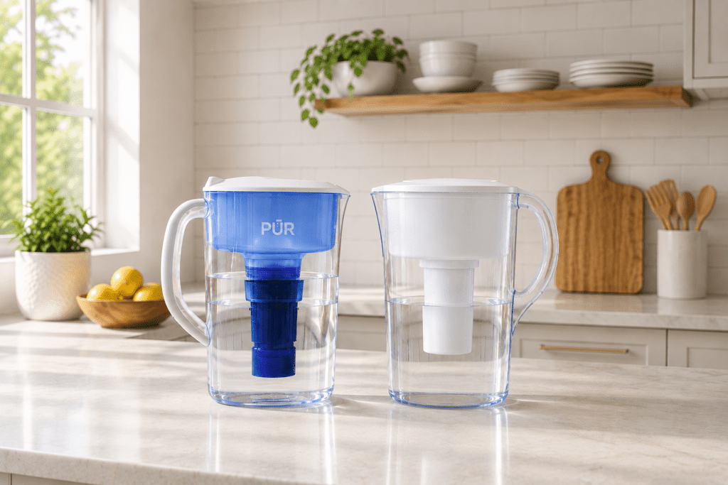 PUR and Brita water filter pitchers placed side by side on a modern kitchen counter with bright natural lighting and minimalist kitchen background.