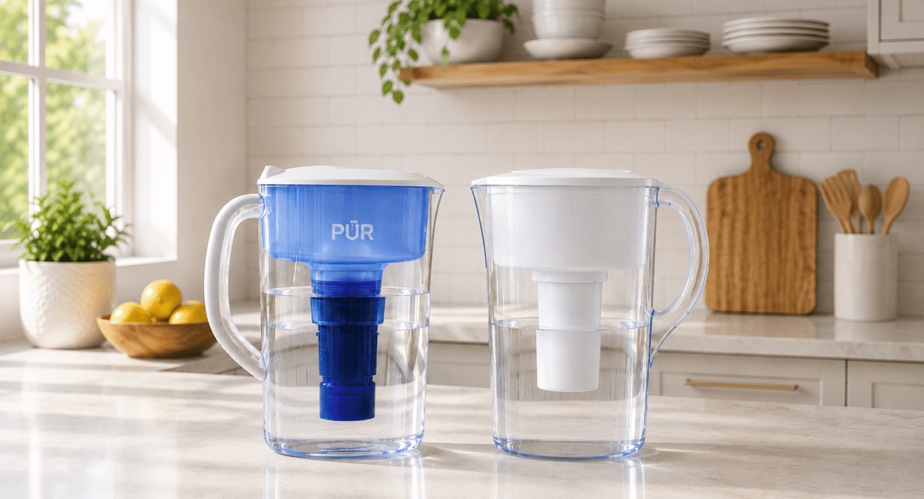 PUR and Brita water filter pitchers placed side by side on a modern kitchen counter with bright natural lighting and minimalist kitchen background.