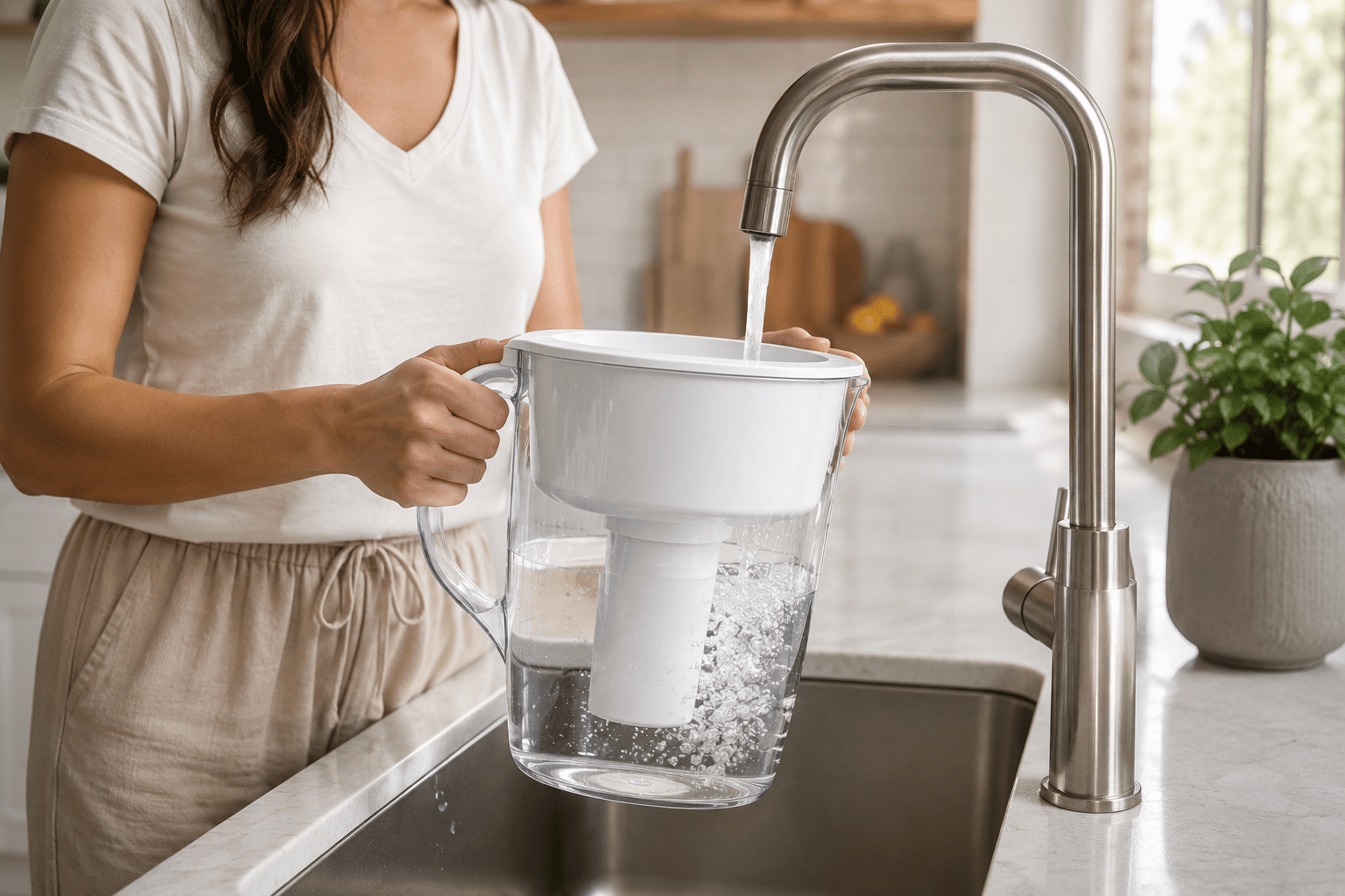 Person refilling a water filter pitcher with running tap water at a modern kitchen sink in a bright minimalist kitchen.