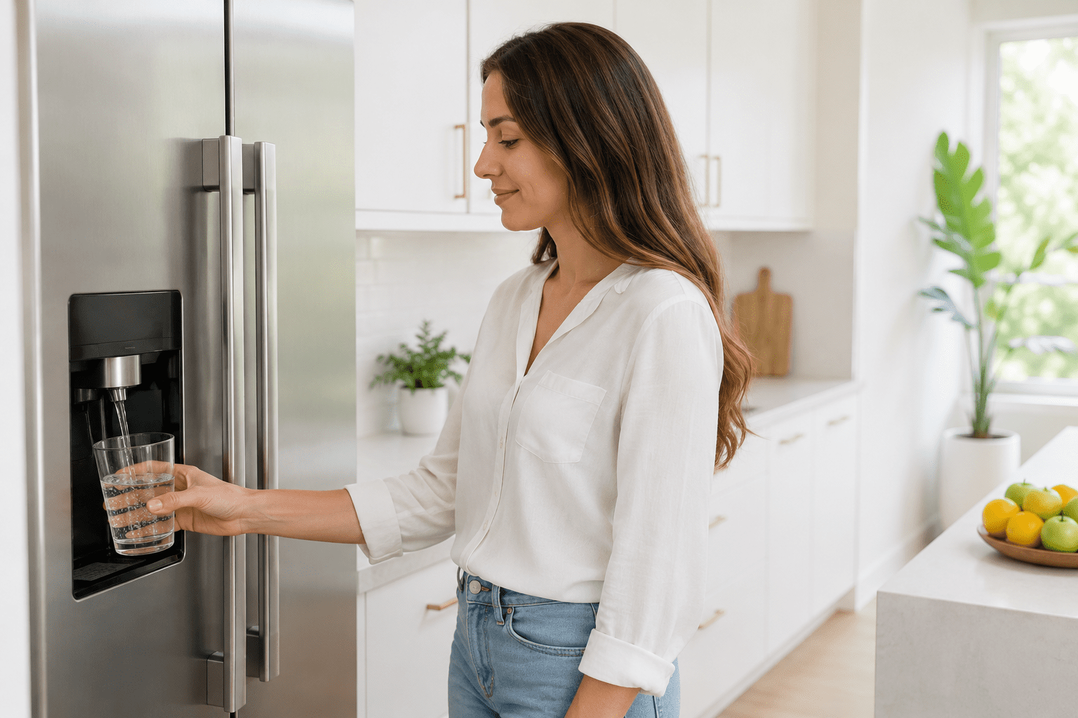 Person filling a drinking glass from a refrigerator water dispenser
