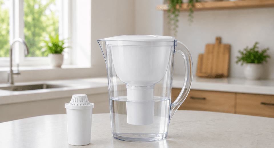 Water filter pitcher beside replacement filter cartridge in kitchen