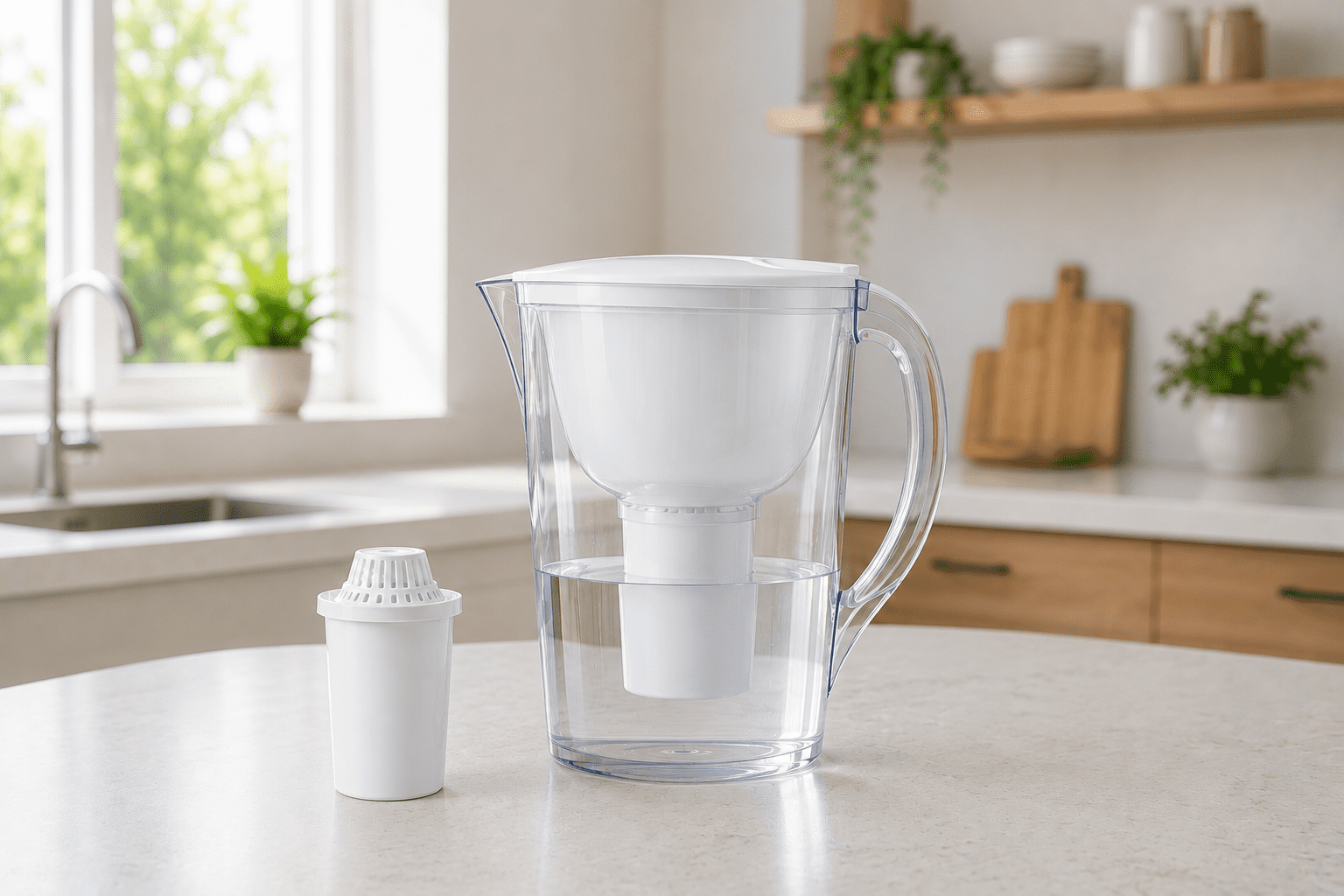 Water filter pitcher beside replacement filter cartridge in kitchen
