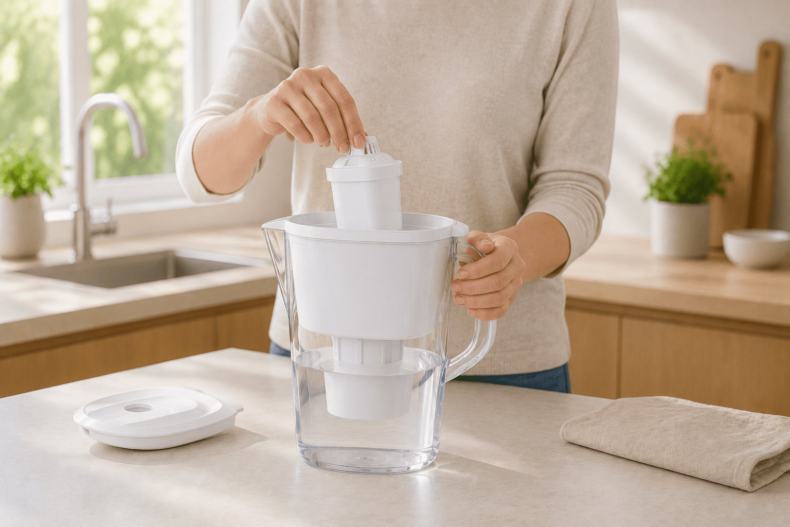 Person changing filter inside water filter pitcher in kitchen