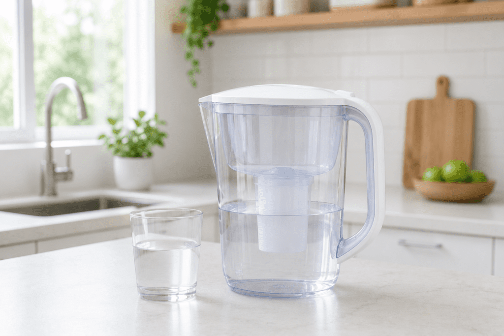 Modern water filter pitcher beside a glass of filtered water in a clean kitchen