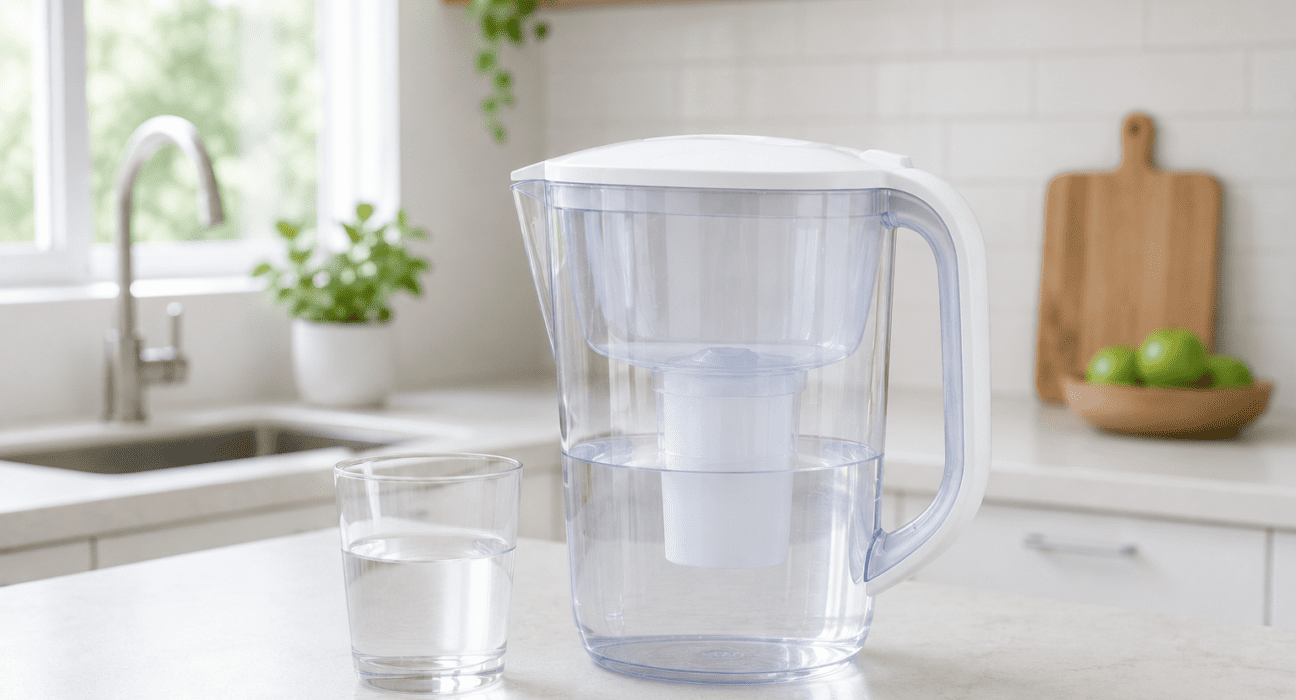 Modern water filter pitcher beside a glass of filtered water in a clean kitchen