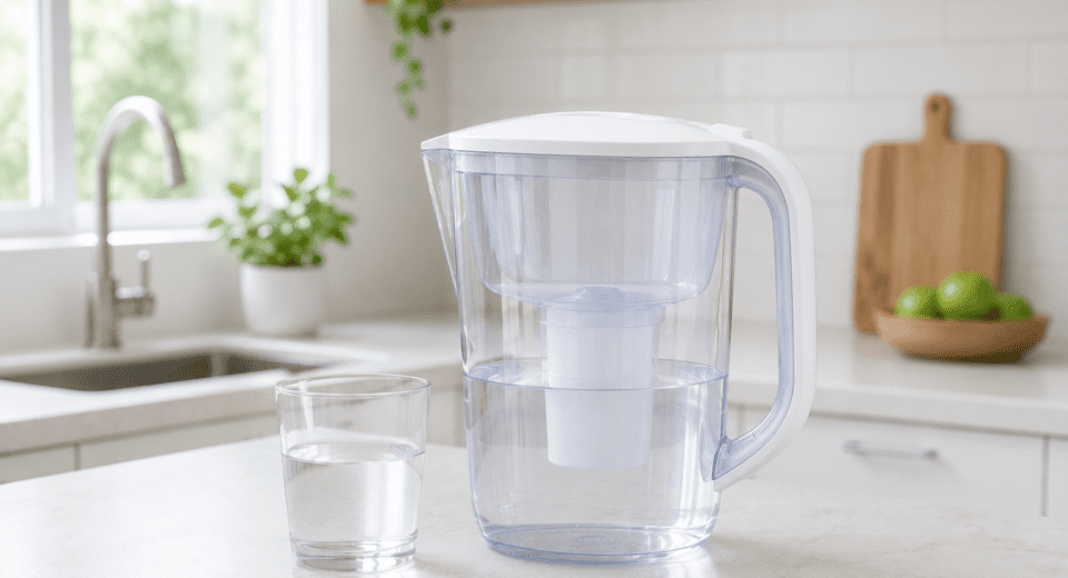 Modern water filter pitcher beside a glass of filtered water in a clean kitchen