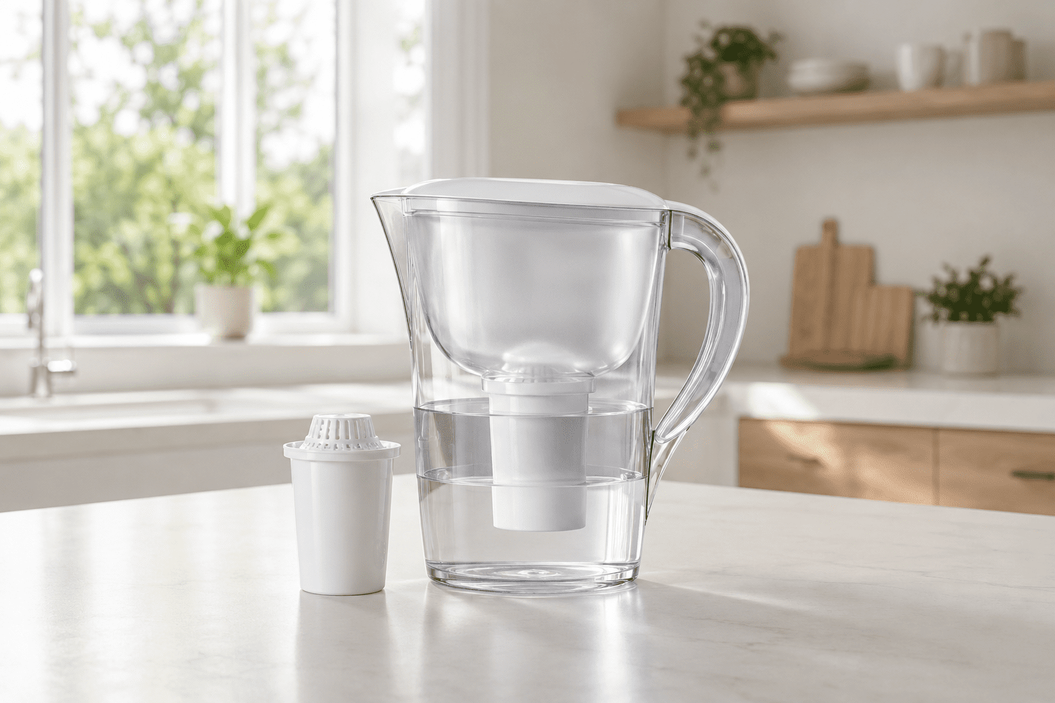 Modern water filter pitcher beside replacement water filter cartridge