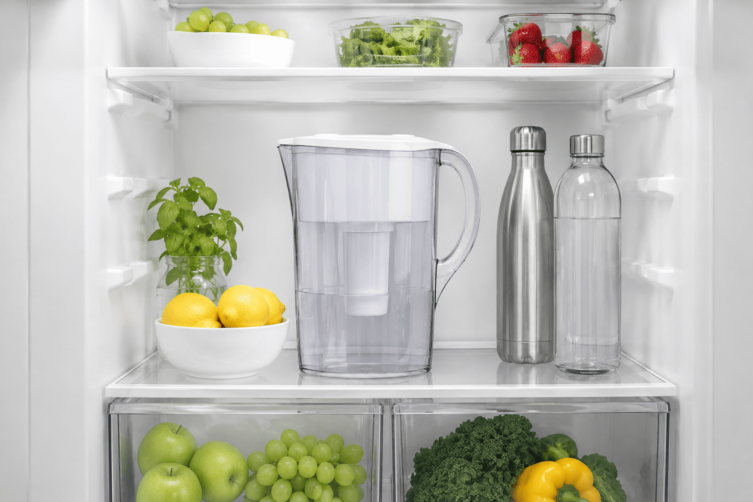 Water Filter Pitcher Stored Inside a Modern Refrigerator Water filter pitcher stored inside a clean modern refrigerator beside reusable water bottles, fresh fruit, and organized shelves with bright white lighting.