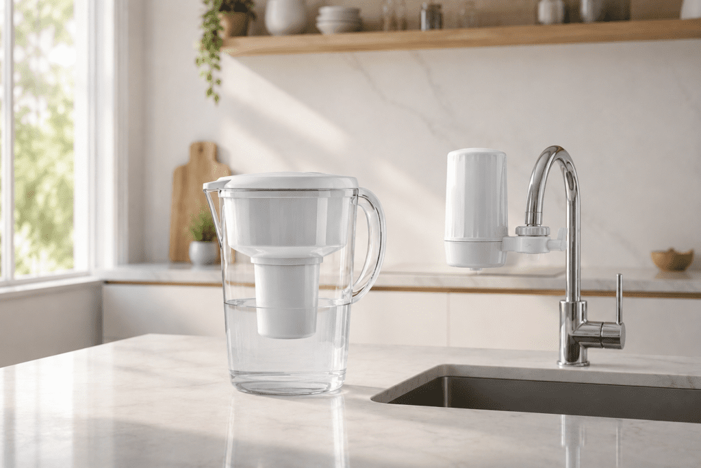 Water filter pitcher and faucet filter displayed in modern kitchen