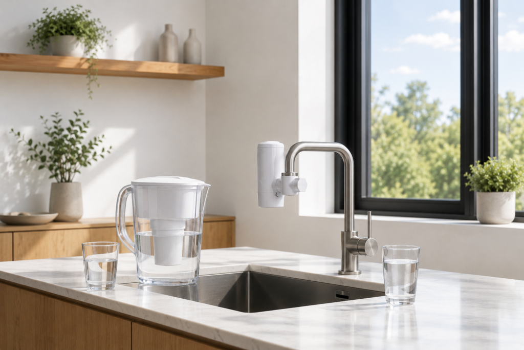 Water filter pitcher and faucet filter compared in modern kitchen