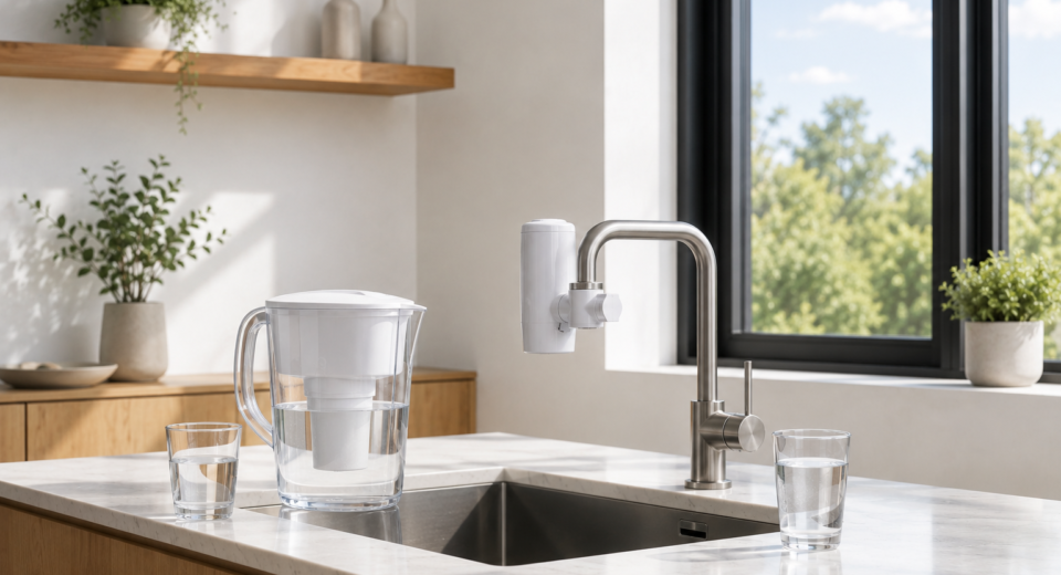 Water filter pitcher and faucet filter compared in modern kitchen