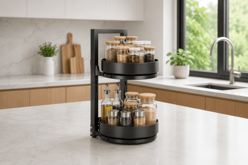 360 degree rotating kitchen rack organizer for space saving kitchen storage