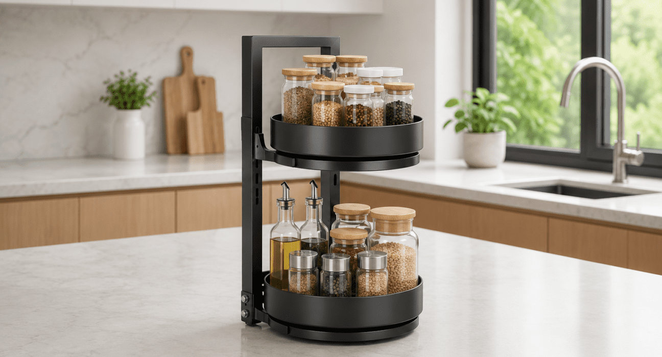 360 degree rotating kitchen rack organizer for space saving kitchen storage