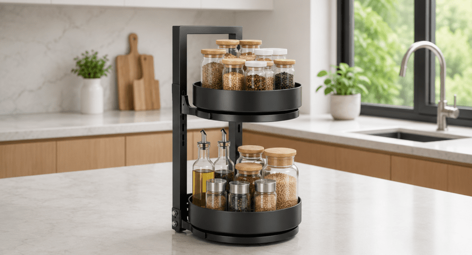 360 degree rotating kitchen rack organizer for space saving kitchen storage