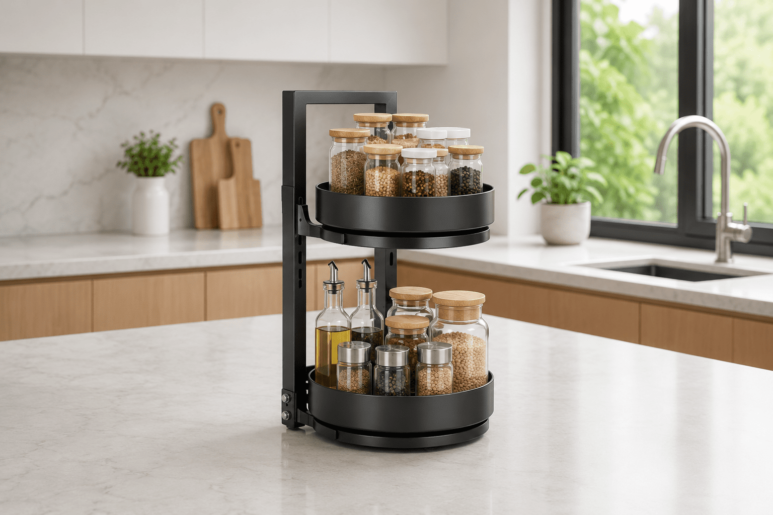 360 degree rotating kitchen rack organizer for space saving kitchen storage